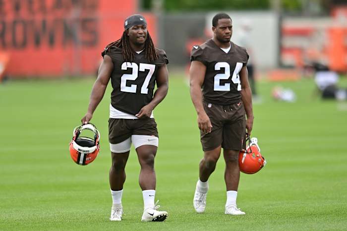 May 25, 2022; Berea, OH, USA; Cleveland Browns running back Kareem Hunt (27) and running back Nick Chubb (24) walk off the field during organized team activities at CrossCountry Mortgage Campus. Mandatory Credit: Ken Blaze-USA TODAY Sports